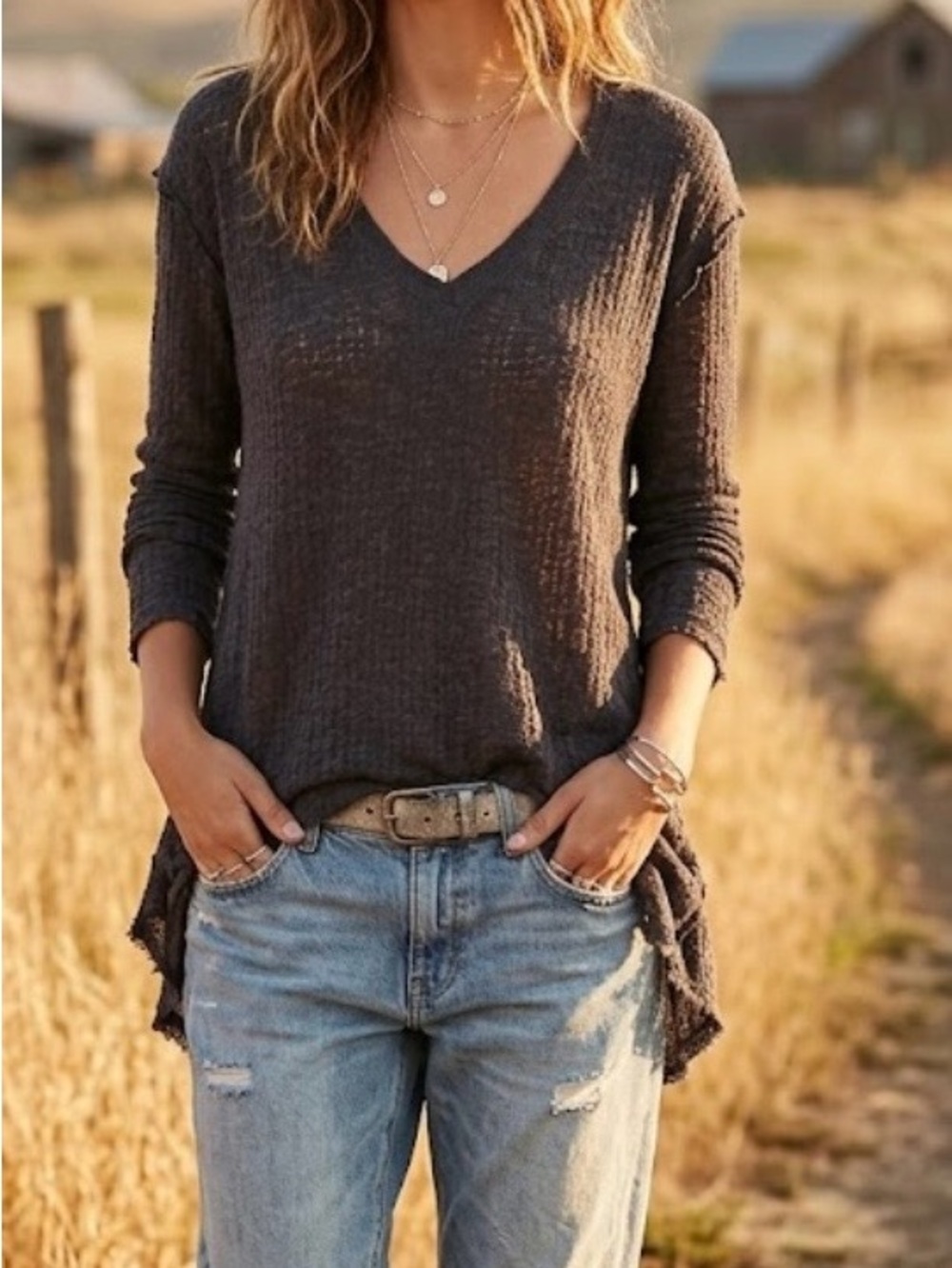 Free People We The Free boho slub knit v-neck long sleeve raw hems gray small